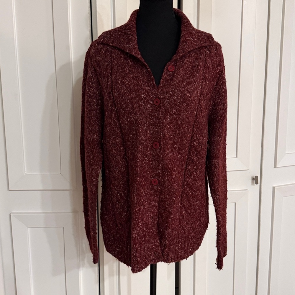 LL Bean Women's Cardigan Sweater Size L Cable Knit Burgundy Button Up Wool Blend